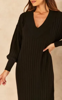 Hot Sale ⌛ ONLY Long Sleeve V Neck Knitted Midi ???? Dress In Black ????