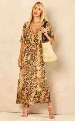 Promo ???? Blue Vanilla Sasha Tassel V Neck ???? Dress In Camel ????