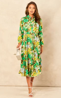 Buy ⭐ LOVE SUNSHINE Green Floral Print Frilled Hem Midi ???? Dress ????
