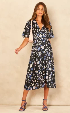 Coupon ✔️ Bella And Blue Navy Petal Print Satin Midi Wrap ???? Dress ???? -Zack Sales Store 2022 07 20 Jen Chynna Bella Blue0698