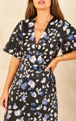 Coupon ✔️ Bella And Blue Navy Petal Print Satin Midi Wrap ???? Dress ????