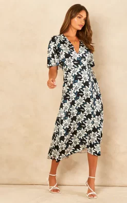 Best Sale ???? Bella And Blue Black And White Lily Print Satin Midi Wrap ???? Dress ✨ -Zack Sales Store 2022 07 21 Jen Chynna Bella Blue60062