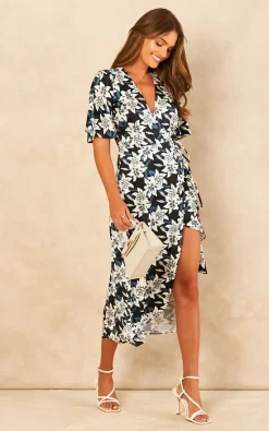 Best Sale ???? Bella And Blue Black And White Lily Print Satin Midi Wrap ???? Dress ✨ -Zack Sales Store 2022 07 21 Jen Chynna Bella Blue60102