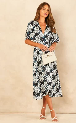 Best Sale ???? Bella And Blue Black And White Lily Print Satin Midi Wrap ???? Dress ✨