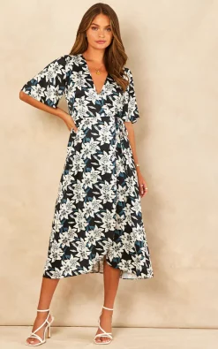 Best Sale ???? Bella And Blue Black And White Lily Print Satin Midi Wrap ???? Dress ✨ -Zack Sales Store 2022 07 21 Jen Chynna Bella Blue60121