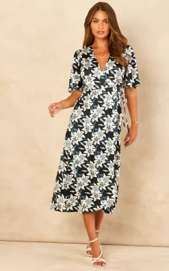 Best Sale ???? Bella And Blue Black And White Lily Print Satin Midi Wrap ???? Dress ✨ -Zack Sales Store 2022 07 21 Jen Chynna Bella Blue60122