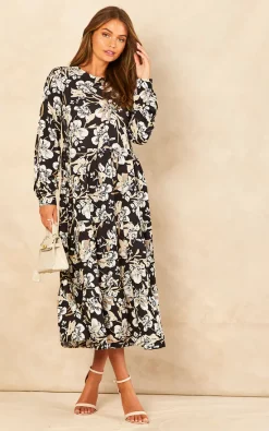 Best Pirce ???? Bella And Blue Black And White Sketched Floral Print Long Sleeve Smock ???? Dress ✔️ -Zack Sales Store 2022 07 21 Jen Chynna Bella Blue60291