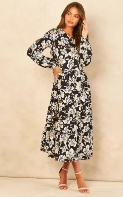 Best Pirce ???? Bella And Blue Black And White Sketched Floral Print Long Sleeve Smock ???? Dress ✔️ -Zack Sales Store 2022 07 21 Jen Chynna Bella Blue60309