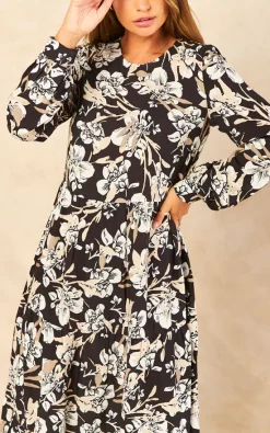 Best Pirce ???? Bella And Blue Black And White Sketched Floral Print Long Sleeve Smock ???? Dress ✔️ -Zack Sales Store 2022 07 21 Jen Chynna Bella Blue60317