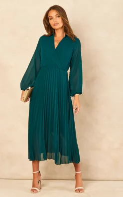 Buy ❤️ Blue Vanilla Amryn Collar V Neck Pleated Midi ???? Dress ⭐