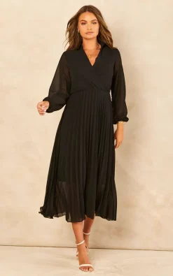Cheapest ❤️ Blue Vanilla Amryn Collar V Neck Pleated Midi ???? Dress In Black ✨