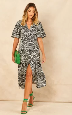 Buy ✨ Bella And Blue Black And White Animal Print Satin Midi Wrap ???? Dress ???? -Zack Sales Store 2022 07 21 Jen Meg Bella Blue59873