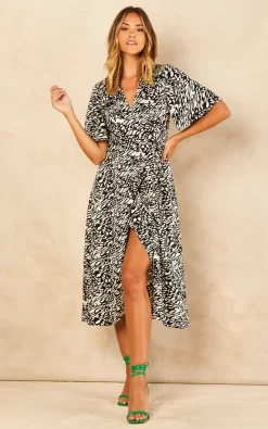 Buy ✨ Bella And Blue Black And White Animal Print Satin Midi Wrap ???? Dress ???? -Zack Sales Store 2022 07 21 Jen Meg Bella Blue59895