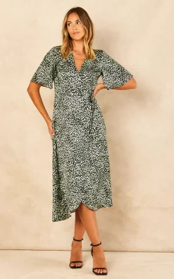 Cheap ???? Bella And Blue Green Animal Print Satin Midi Wrap ???? Dress ✨ -Zack Sales Store 2022 07 21 Jen Meg Bella Blue60156
