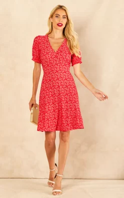 Hot Sale ✔️ Blue Vanilla Lydia Shirring Cuff Sleeve Tea ???? Dress In Red Floral Print ???? -Zack Sales Store 2022 08 03 Jen Amy BlueVanilla64833
