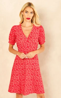 Hot Sale ✔️ Blue Vanilla Lydia Shirring Cuff Sleeve Tea ???? Dress In Red Floral Print ????