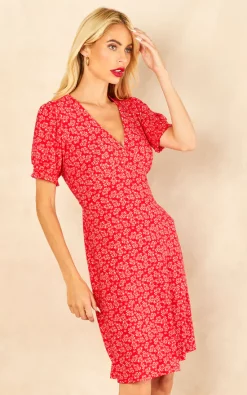 Hot Sale ✔️ Blue Vanilla Lydia Shirring Cuff Sleeve Tea ???? Dress In Red Floral Print ???? -Zack Sales Store 2022 08 03 Jen Amy BlueVanilla64859