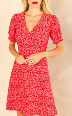 Hot Sale ✔️ Blue Vanilla Lydia Shirring Cuff Sleeve Tea ???? Dress In Red Floral Print ???? -Zack Sales Store 2022 08 03 Jen Amy BlueVanilla64867