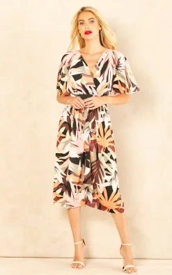 Top 10 ???? Goddiva Leaf Print Midi With Flutter Sleeves In Brown Print ????