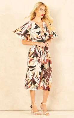 Top 10 ???? Goddiva Leaf Print Midi With Flutter Sleeves In Brown Print ???? -Zack Sales Store 2022 08 03 Jen Amy Goddiva63493