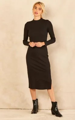 Discount ???? VILA Long Sleeve Ribbed Midi ???? Dress In Black ⭐