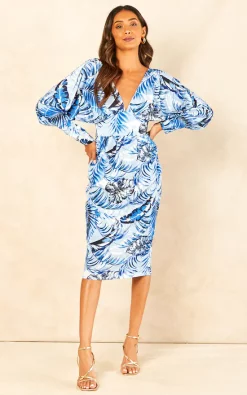 Cheapest ✨ Goddiva Tropical Print Midi With Batwing Sleeves In Blue ???? -Zack Sales Store 2022 08 03 Jen Shree Goddiva63452