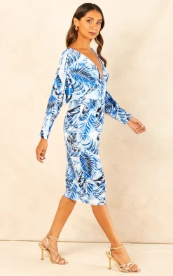 Cheapest ✨ Goddiva Tropical Print Midi With Batwing Sleeves In Blue ???? -Zack Sales Store 2022 08 03 Jen Shree Goddiva63459