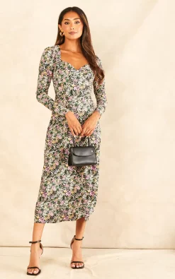 Promo ✔️ Blue Vanilla Corset Style Floral Print Midi ???? Dress ⌛