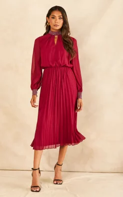 Cheapest ???? Blue Vanilla Diamante Collar Pleated ???? Skirt Midi ???? Dress In Wine ???? -Zack Sales Store 2022 08 08 Jen Shree BlueVanilla67518