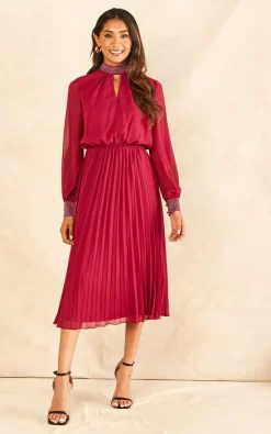 Cheapest ???? Blue Vanilla Diamante Collar Pleated ???? Skirt Midi ???? Dress In Wine ????