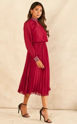 Cheapest ???? Blue Vanilla Diamante Collar Pleated ???? Skirt Midi ???? Dress In Wine ???? -Zack Sales Store 2022 08 08 Jen Shree BlueVanilla67523