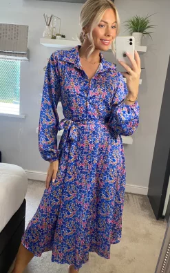 Hot Sale ???? Yumi Ditsy Print Long Sleeve Midi ???? Shirt ???? Dress In Blue ????