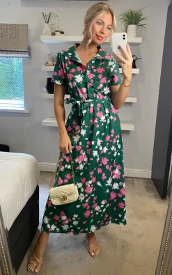 Flash Sale ???? Yumi Floral Print Midi ???? Shirt ???? Dress In Green ????