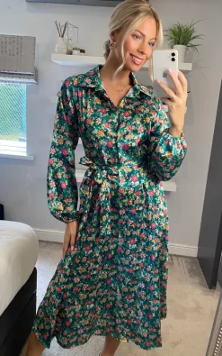Hot Sale ⌛ Yumi Ditsy Print Long Sleeve Midi ???? Shirt ???? Dress In Green ????