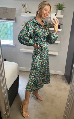 Hot Sale ⌛ Yumi Ditsy Print Long Sleeve Midi ???? Shirt ???? Dress In Green ???? -Zack Sales Store 2022 08 08 Sasha Yumi6