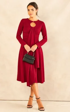Hot Sale ???? Feverfish Front Frill Ruched Long Sleeve Midi ???? Dress Burgundy ???? -Zack Sales Store 2022 08 24 JEN Mollie FeverFish69476