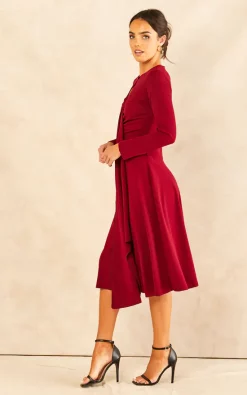 Hot Sale ???? Feverfish Front Frill Ruched Long Sleeve Midi ???? Dress Burgundy ???? -Zack Sales Store 2022 08 24 JEN Mollie FeverFish69492