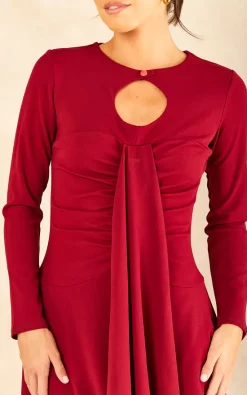 Hot Sale ???? Feverfish Front Frill Ruched Long Sleeve Midi ???? Dress Burgundy ????