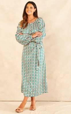 Cheap ???? Raishma Studio Addison Geo Abstract Long Sleeve A Line Midi ???? Dress In Green ????
