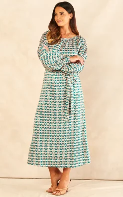 Cheap ???? Raishma Studio Addison Geo Abstract Long Sleeve A Line Midi ???? Dress In Green ???? -Zack Sales Store 2022 08 24 JEN Naomi Raishma0803