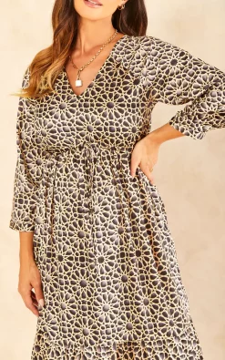 Coupon ???? Raishma Studio Amelia Geometric 3/4 Tiered Midi ???? Dress With Frill Hem In Black And Gold ????