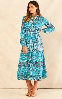 Cheapest ???? Raishma Studio Jolene Long Sleeve Floral Midi ???? Shirt ???? Dress In Turquoise Blue ????