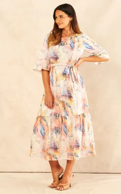 New ✔️ Raishma Studio Zoe 3/4 Sleeve Abstract Tiered Belted Midi ???? Dress ???? Dress In Multicolour ✔️ -Zack Sales Store 2022 08 24 JEN Naomi Raishma0833