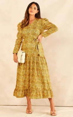 Best Sale ???? Raishma Studio Greta Long Sleeve Belted Abstract Midi ???? Dress In Gold With Frill Hem ????