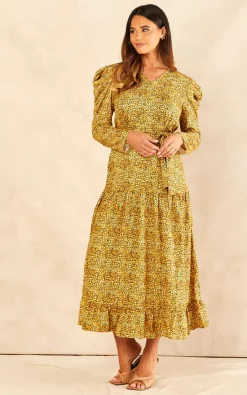 Best Sale ???? Raishma Studio Greta Long Sleeve Belted Abstract Midi ???? Dress In Gold With Frill Hem ???? -Zack Sales Store 2022 08 24 JEN Naomi Raishma0847