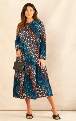 Brand new ❤️ Sarta Star Print Midi Tiered ???? Dress Long Sleeve Star Waves In Blue, Orange & White ???? -Zack Sales Store 2022 08 26 Jen Naomi Sarta70344