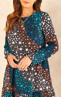 Brand new ❤️ Sarta Star Print Midi Tiered ???? Dress Long Sleeve Star Waves In Blue, Orange & White ????
