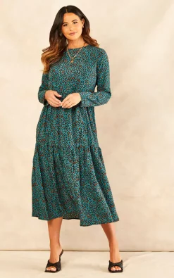 Best reviews of ???? Sarta Leopard Print Tiered Midi ???? Dress Animal Print Long Sleeve In Teal & Orange ????
