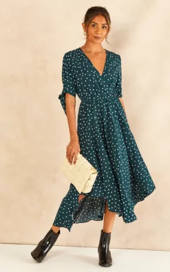 Top 10 ???? ANGELEYE Tie Sleeve Polka Dot Midi ???? Dress In Dark Green ⌛