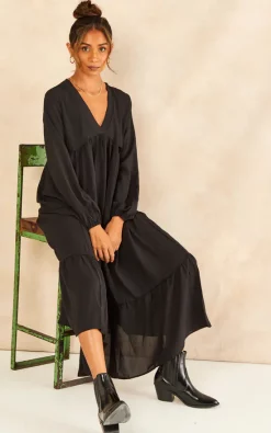 Coupon ???? Gini London Oversized V Neck Midi Smock Long Sleeve Black ???? Dress ????